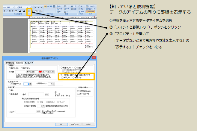 データアイテムの周りに罫線を表示する方法