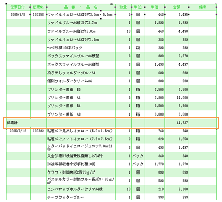 小計設定後。伝票番号が変わったタイミングで伝票計が挿入されました。