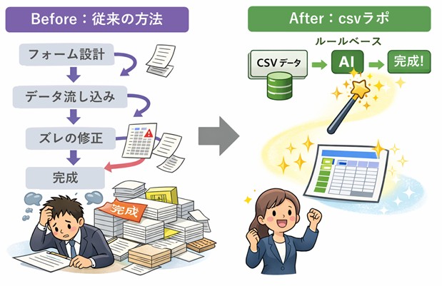 帳票作成をcsvラポに入れ替えたイメージ
